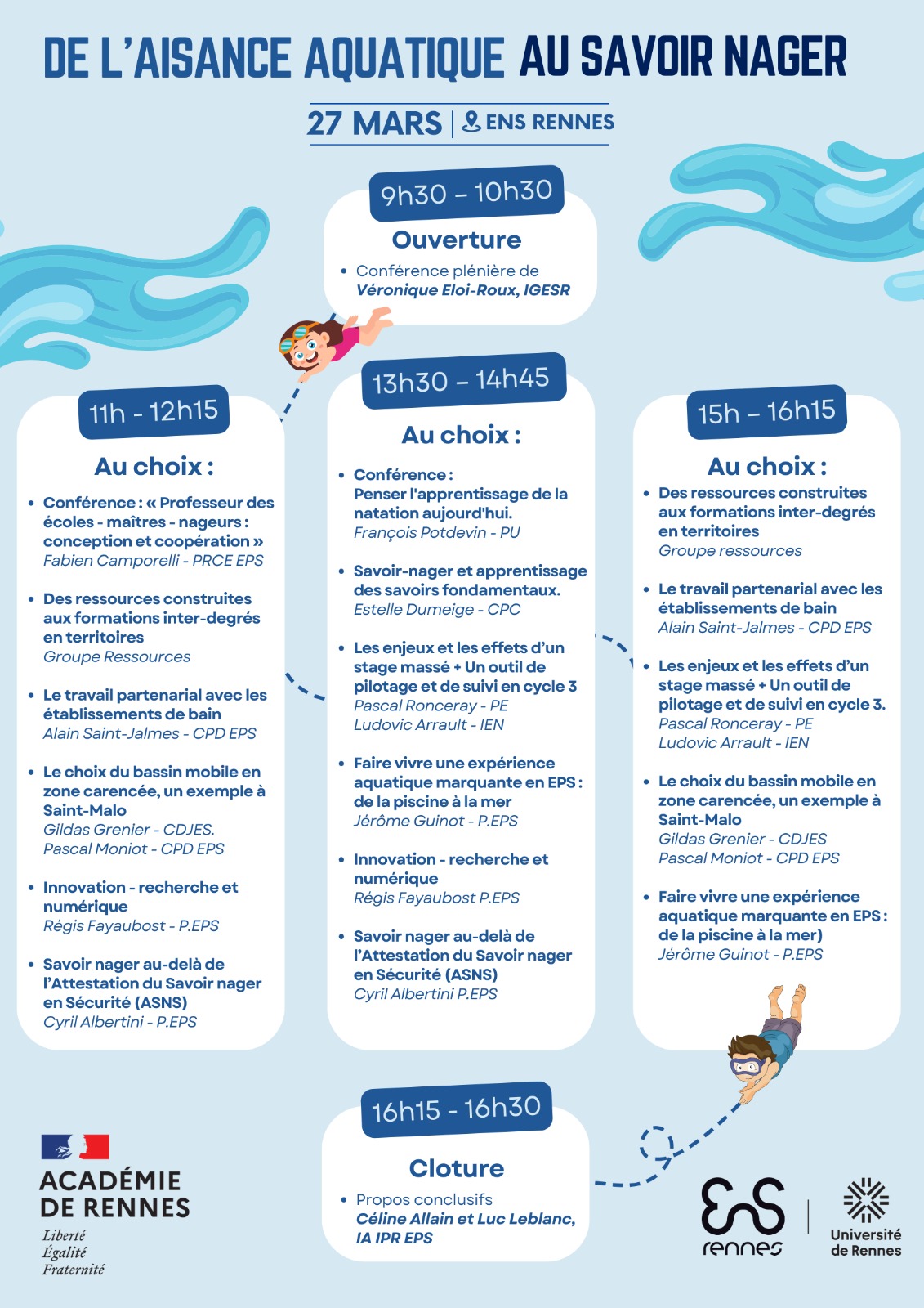 Programme séminaire académique "de l'aisance aquatique au savoir-nager" - Mercredi 27 mars 2024 à l'ENS Rennes